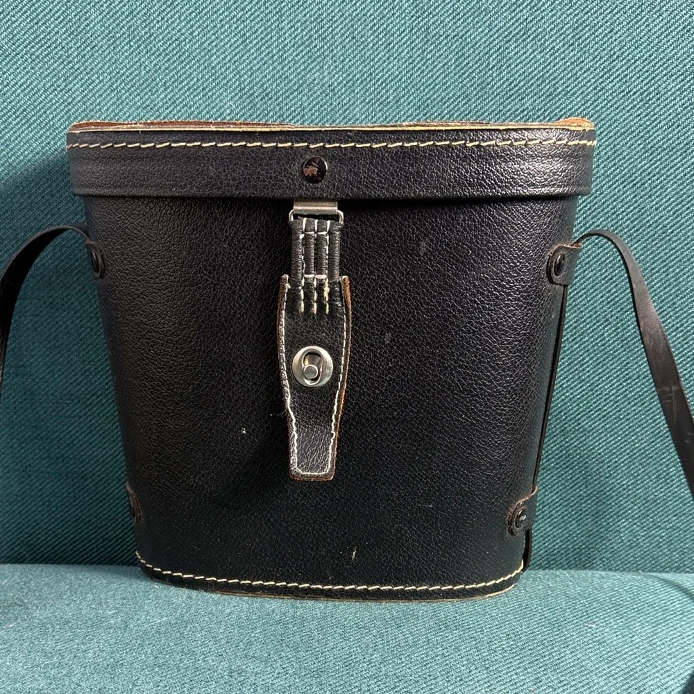 Vintage Antique Binoculars Case Black with Red Lining and Adjustable Strap